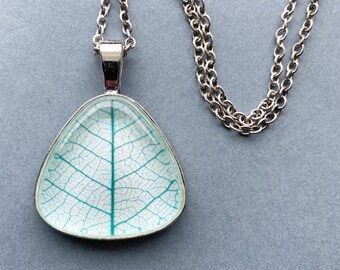 Real Pressed Leaf Necklace - Blue Triangle Necklace - Silver