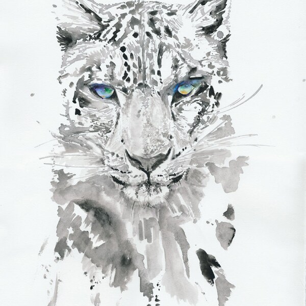 Original Watercolor Painting of leopard,  Watercolour  Illustration of white leopard,  titled:leopard3