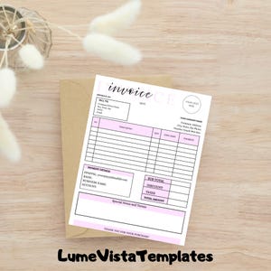 May include: A printable invoice template with pink accents. The template includes sections for billing information, itemized list, payment details, and special notes. The text "invoice" is written in cursive.