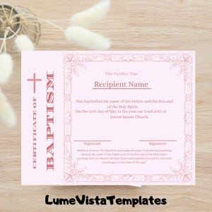Certificado de bautismo bohemio rosa para padrinos, plantilla de certificado de bautismo editable, certificado de bautismo de niña bohemio para iglesia