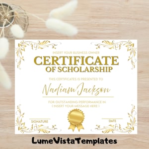 May include: A white certificate with gold floral accents and text. The certificate reads "CERTIFICATE OF SCHOLARSHIP" and includes fields for the business owner, recipient's name, and date. The LumeVistaTemplates logo is at the bottom.