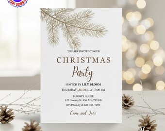 Op de afbeelding: Een witte kerstfeestuitnodiging met gouden tekst en een dennentakontwerp. De uitnodiging bevat de tekst "Christmas Party" en details voor het evenement georganiseerd door Lily Bloom.