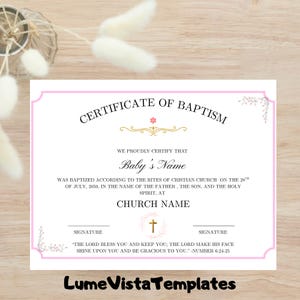 Certificado de Bautismo Rosa / Descarga Instantánea / Editar e Imprimir / Certificado de Iglesia / Imprimibles Religiosos / Certificado de Bautismo para Niñas