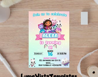 Convite de aniversário editável da Gabby's Dollhouse: convite para festa para impressão (download digital)