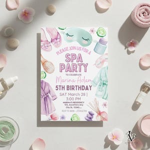 スパでの誕生日パーティー招待状：華やかな贅沢なパーティー、編集可能なCanvaテンプレート