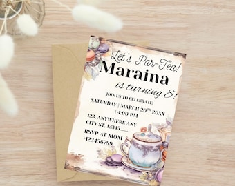Verjaardagsuitnodiging Tea Party: roze en gouden bloemen, bewerkbare canvassjabloon