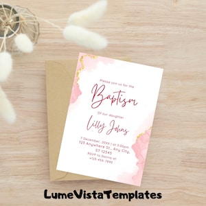 Baptism Invitation Girl, Christening Invitation Template, Pink Watercolour, Blush Pink Gold, Printable Invitation, Editable Pink Christening