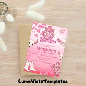 Invitación de cumpleaños de vaquera rosa: Plantilla editable para fiesta de rodeo (descarga digital)