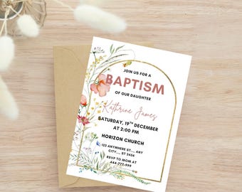Plantilla de invitación de bautizo con flores silvestres rosas: Primavera (Descarga digital, plantilla editable de 13 x 18 cm)