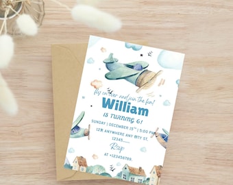 May include: A watercolor-style birthday invitation featuring a light blue airplane illustration. The invitation includes the name "William" and the text "IS TURNING 6!" with event details. A brown envelope is visible in the background.