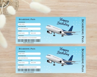 Modèle de carte d'embarquement modifiable : billet anniversaire surprise (toile, téléchargement immédiat)
