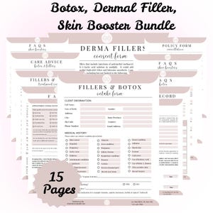 May include: A set of 15 printable forms for a Botox, Dermal Filler, and Skin Booster business. The forms include a consent form, intake form, appointment consultation, care advice, FAQs, and policy form. The forms are designed with a pink and white colour scheme.