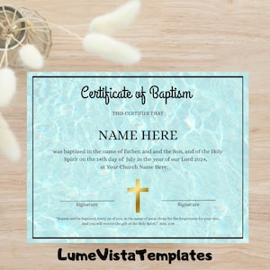 Plantilla de certificado de bautismo editable en Canva, certificado de iglesia imprimible, descarga digital, recuerdo de bautismo y obsequio de bautismo cristiano