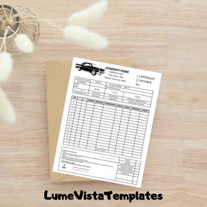 May include: Black and white printable estimate or invoice form for an auto repair shop. The form includes fields for customer information, vehicle details, repair description, parts, labor, and subtotals. The form also includes a vintage car graphic.
