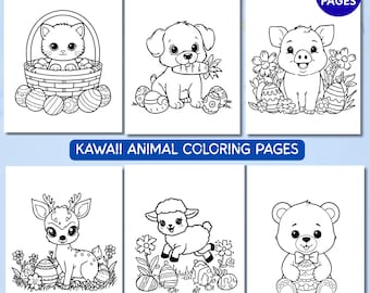 Spring Animals Coloring Book, Kawaii Bunny, Easter Eggs, Printable Pages, Kids Adults Activity