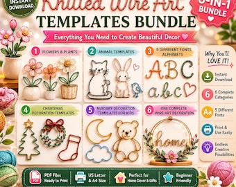 Knitted Wire Art Templates Bundle, Tricotin Wire Art Patterns, Flowers, Animals, Alphabets, Christmas Decor, Nursery Signs, Complete Course