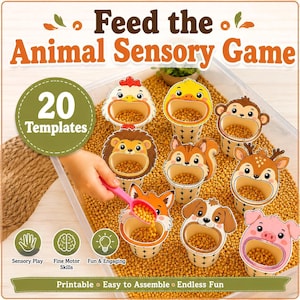 Puede incluir: Un juego sensorial Feed the Animal con 20 plantillas imprimibles de varios animales como pollo, mono, león, ardilla, ciervo, zorro, perro y cerdo. Los vasos de papel están llenos de granos amarillos y se incluye una cuchara de plástico rosa.