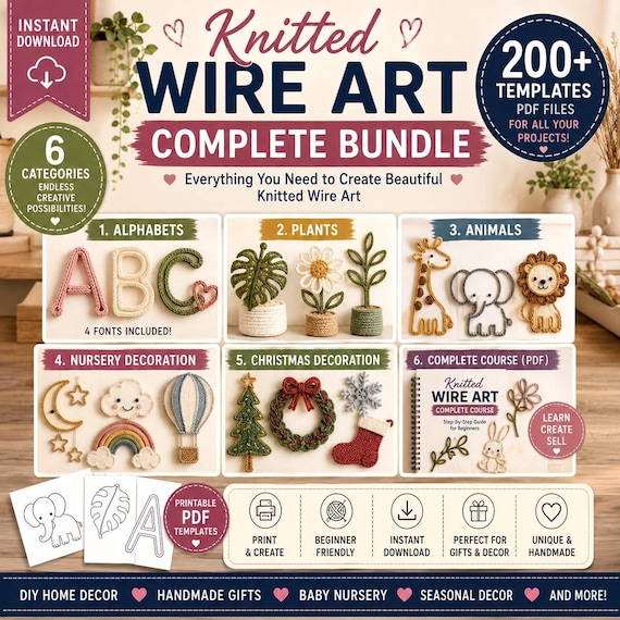Knitted Wire Art Templates Bundle, Tricotin Wire Art Patterns, Flowers, Animals, Alphabets, Christmas Decor, Nursery Signs, Complete Course