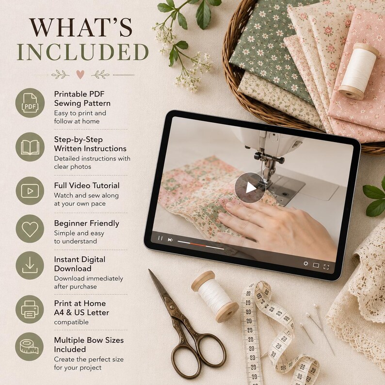 K&ouml;nnte beinhalten: Ein digitales Tablet mit einem N&auml;h-Video-Tutorial, umgeben von floralen Stoffmustern, einer Garnrolle, einer Schere im Vintage-Stil und einem Ma&szlig;band. Der Text listet Funktionen wie ein druckbares PDF-Schnittmuster und Anleitungen auf.
