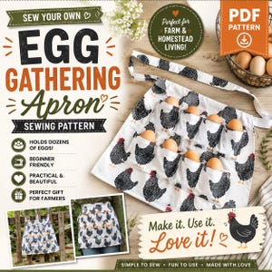 May include: A white apron featuring a black chicken print and multiple pockets, each containing a brown egg. The image includes text: SEW YOUR OWN EGG GATHERING APRON SEWING PATTERN, HOLDS DOZENS OF EGGS, BEGINNER FRIENDLY, PRACTICAL & BEAUTIFUL, PERFECT GIFT FOR FARMERS.