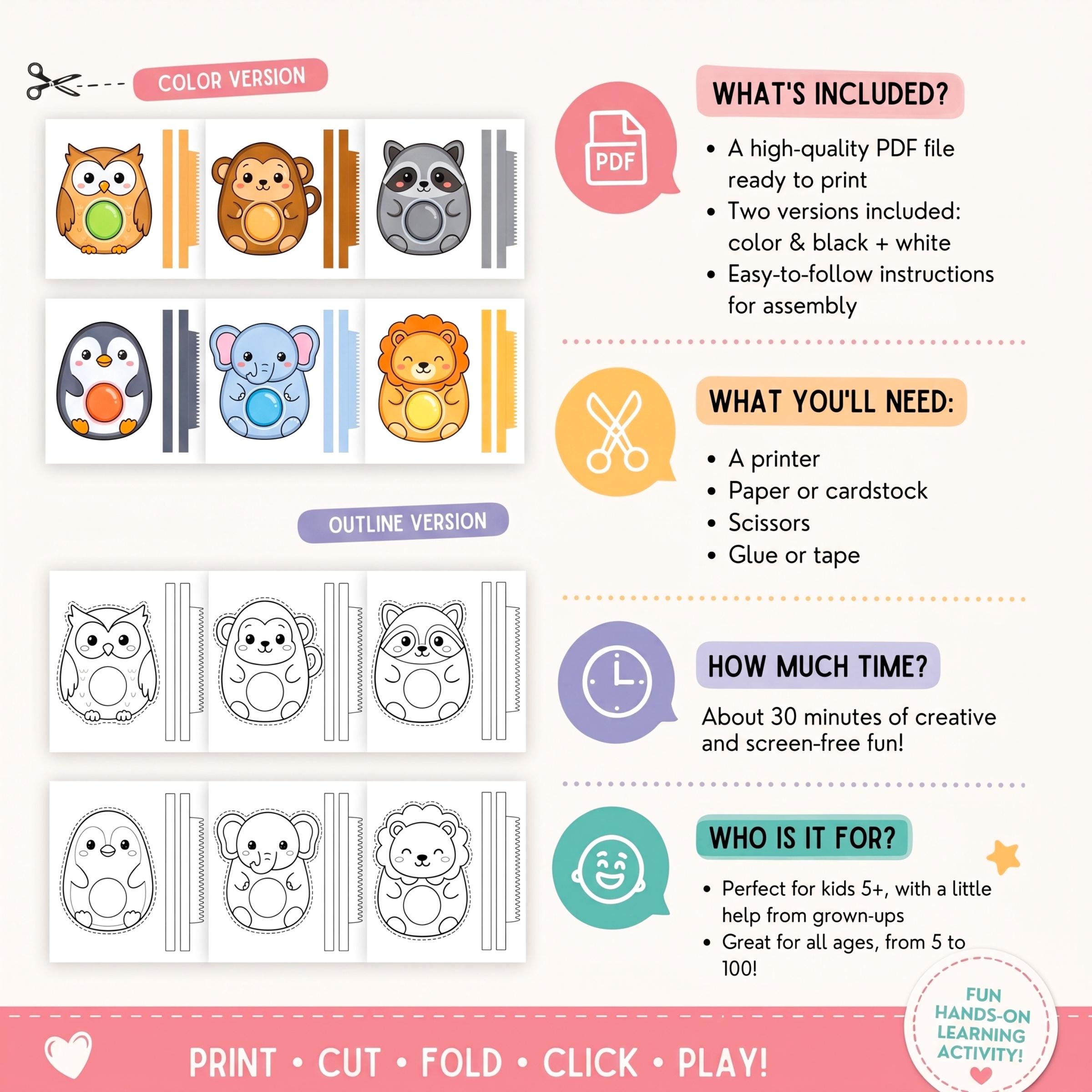 DIY Clicker Toy Printable, Animal Paper Craft, Sensory Fidget Toy (PDF