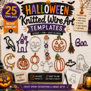 May include: A digital collection of 25 Halloween knitted wire art templates featuring outlines of a raven, haunted house, skull, ghosts, pumpkins, broom, bat, and the word Boo. Includes text labels for instant download and A4 size printable PDF.