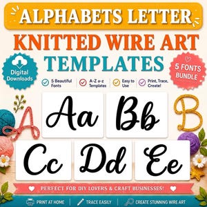 Puede incluir: Plantillas de descarga digital para arte con alambre tejido que muestran las letras del alfabeto de la A a la E en cinco fuentes diferentes. El gráfico incluye etiquetas de texto, iconos y ejemplos de letras formadas con hilo y alambre.
