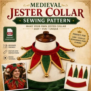 Puede incluir: Un patrón de costura para un cuello de bufón medieval con el texto MEDIEVAL JESTER COLLAR SEWING PATTERN. El diseño incluye un cuello de terciopelo rojo y verde con ribete dorado y pequeñas campanas doradas en cada punta, sobre un maniquí.