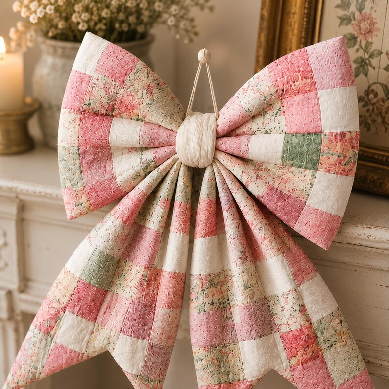 K&ouml;nnte beinhalten: Eine gro&szlig;e dekorative Schleife aus gestepptem Stoff mit einem Patchwork-Muster aus rosa, wei&szlig;en und salbeigr&uuml;nen Quadraten. Der Stoff zeigt eine Mischung aus einfarbigen Fl&auml;chen und zarten Blumenmustern, mit einem Mittelknoten und einer Schlaufe.