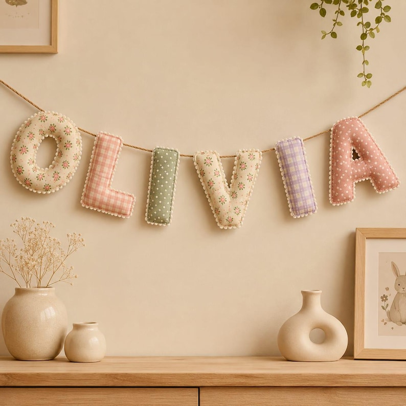 Personalized fabric name banner made using puffy fabric letter sewing patterns.