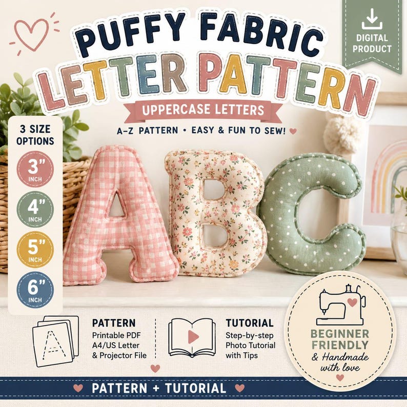 Complete A-Z uppercase alphabet sewing pattern PDF for fabric letters.