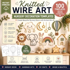 Puede incluir: Un conjunto de descarga digital de 100 plantillas de arte en alambre tejido para decoración de guarderías. La imagen muestra varias ilustraciones de estilo alambre, incluyendo una nube, luna, estrellas, globo aerostático, león, elefante, conejo, arcoíris y casa.