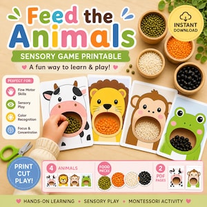 Op de afbeelding: Een sensorisch spel om af te drukken genaamd "Voer de dieren" met dierenkaarten, voedergaten en voedsel. Het spel bevordert fijne motoriek, sensorisch spel, kleurherkenning en concentratie. Met de tekst "Direct downloaden".