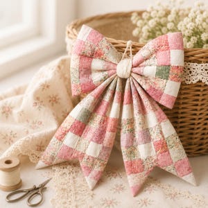 K&ouml;nnte beinhalten: Eine gro&szlig;e dekorative Schleife aus gestepptem Stoff mit einem Patchwork-Muster aus rosafarbenen, wei&szlig;en und gedeckt gr&uuml;nen Blumenquadraten. Die Schleife hat zwei obere Schlaufen und zwei lange, spitz zulaufende Enden sowie einen zentralen Knoten.