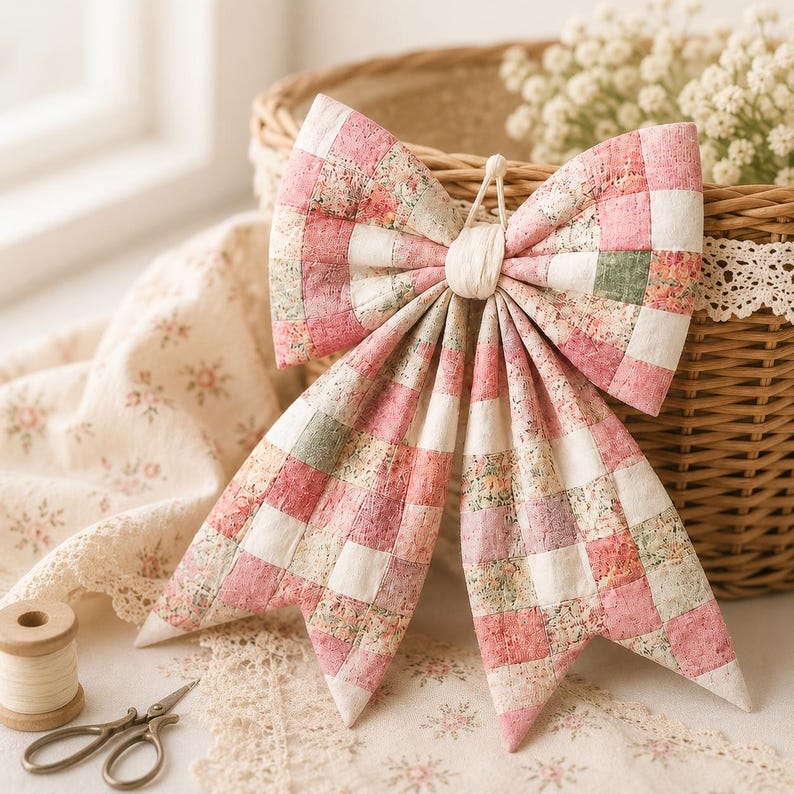 K&ouml;nnte beinhalten: Eine gro&szlig;e dekorative Schleife aus gestepptem Stoff mit einem Patchwork-Muster aus rosafarbenen, wei&szlig;en und gedeckt gr&uuml;nen Blumenquadraten. Die Schleife hat zwei obere Schlaufen und zwei lange, spitz zulaufende Enden sowie einen zentralen Knoten.