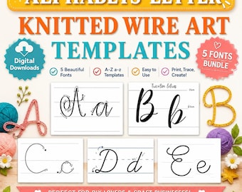 Knitted Wire Art Alphabet Templates, 5 Fonts, Printable Cursive Letter Patterns (Digital Download)