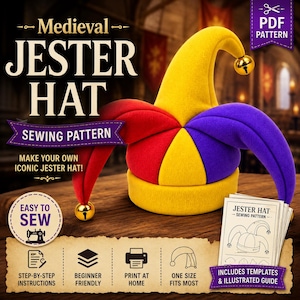 May include: A multi-colored jester hat sewing pattern featuring yellow, red, and purple fabric panels with gold bells at the tips. The digital file includes step-by-step instructions, printable templates, and an illustrated guide for creating this hat.