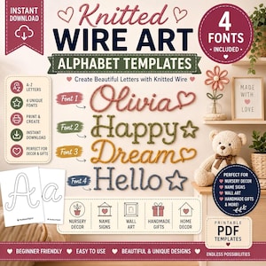 Knitted Wire Art Alphabet Template Bundle,5 Fonts Cursive Tricotin Letter Patterns, Icord Name Wire Bending Guide PDF, DIY Wirecraft