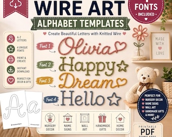 May include: A digital download guide for knitted wire art alphabet templates featuring four distinct fonts. The image displays text examples like Olivia, Happy, Dream, and Hello, alongside icons for nursery decor, name signs, and wall art projects.