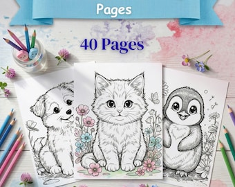 Kawaii Animal Coloring Pages, Jungle Safari Theme, Printable Book (Digital Download)