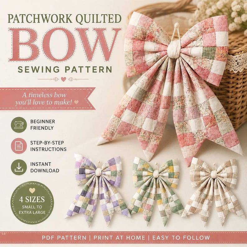 K&ouml;nnte beinhalten: Ein Schnittmuster f&uuml;r eine Patchwork-Steppschleife mit dem Text PATCHWORK QUILTED BOW SEWING PATTERN, A timeless bow you'll love to make!, BEGINNER FRIENDLY, STEP-BY-STEP INSTRUCTIONS, INSTANT DOWNLOAD, 4 SIZES und PDF PATTERN.