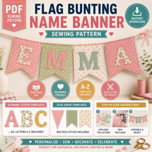 May include: A digital sewing pattern for a flag bunting name banner. The image displays a pink and green fabric banner spelling EMMA, with alphabet letter templates, flag shape templates, and step-by-step instructions for a DIY project.