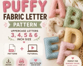 Nähset mit voluminösen Stoffbuchstaben, druckbare Alphabetvorlagen (7,6–15,2 cm, PDF), DIY-Stoffbuchstaben, Namensbanner & Kinderzimmerdeko