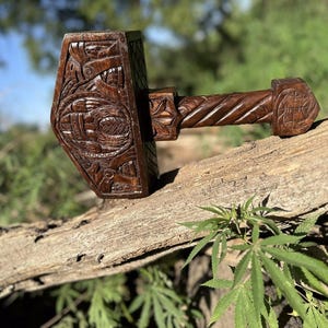 Handcrafted Norse War Hammer | Viking Mjolnir Hammer | Custom Engraved Thor Hammer | Wooden Handle | Valknut | Odin&#39;s Carving | Gift For Him