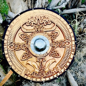 Handmade Viking Shield, Norse Round Shield, Wooden Shield with Runes, Custom Carved Shield, Norse Warrior Decor, LARP Reenactment Prop
