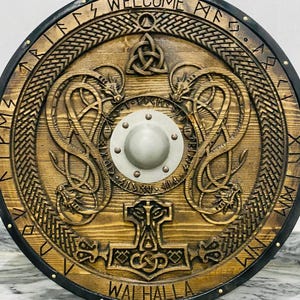 Handmade Viking Shield – Norse Round Shield – Carved Wooden Shield – Mjolnir & Dragons Design – Runes and Valhalla Inscription – Xmas Gift