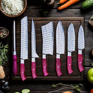 Damascus Steel Knife Set 7 Piece Handmade Chef Knives Pink Resin Handle | Kitchen Knife Set with Cutting Board | Professional Cutlery Gift
