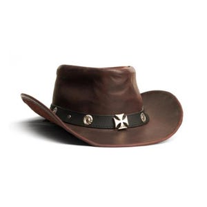 Men&#39;s Leather Cowboy Hat | Brown Western Hat with Cross | Handcrafted Outback Hat | Stylish Rodeo Accessory | Durable Leather Hat