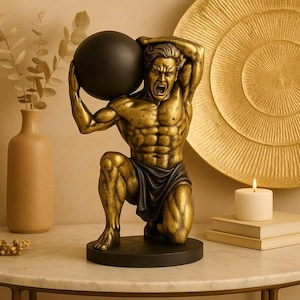 Gold Atlas Statue: Greek Titan Sculpture, Mythological Home Decor