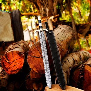 Hand-Forged Damascus Steel Fantasy Sword with Custom Sheath, Double-Edged Blade, Unique Hilt Design, Perfect for Collectors & Cosplay